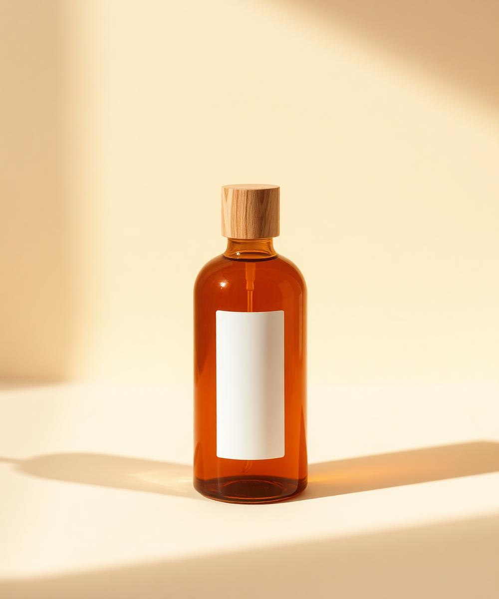 Amber oil bottle on cream linen.